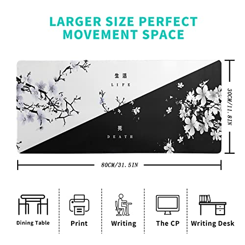 Siski Black and White Japanese Cherry Blossom Gaming Mouse Pad Sakura Death Life Flower Mat 315x118 Inch Texture NonSlip Rubber Base Mousepad Stitched Edges Keyboard Desk Pad for Office Home Game - Image 3