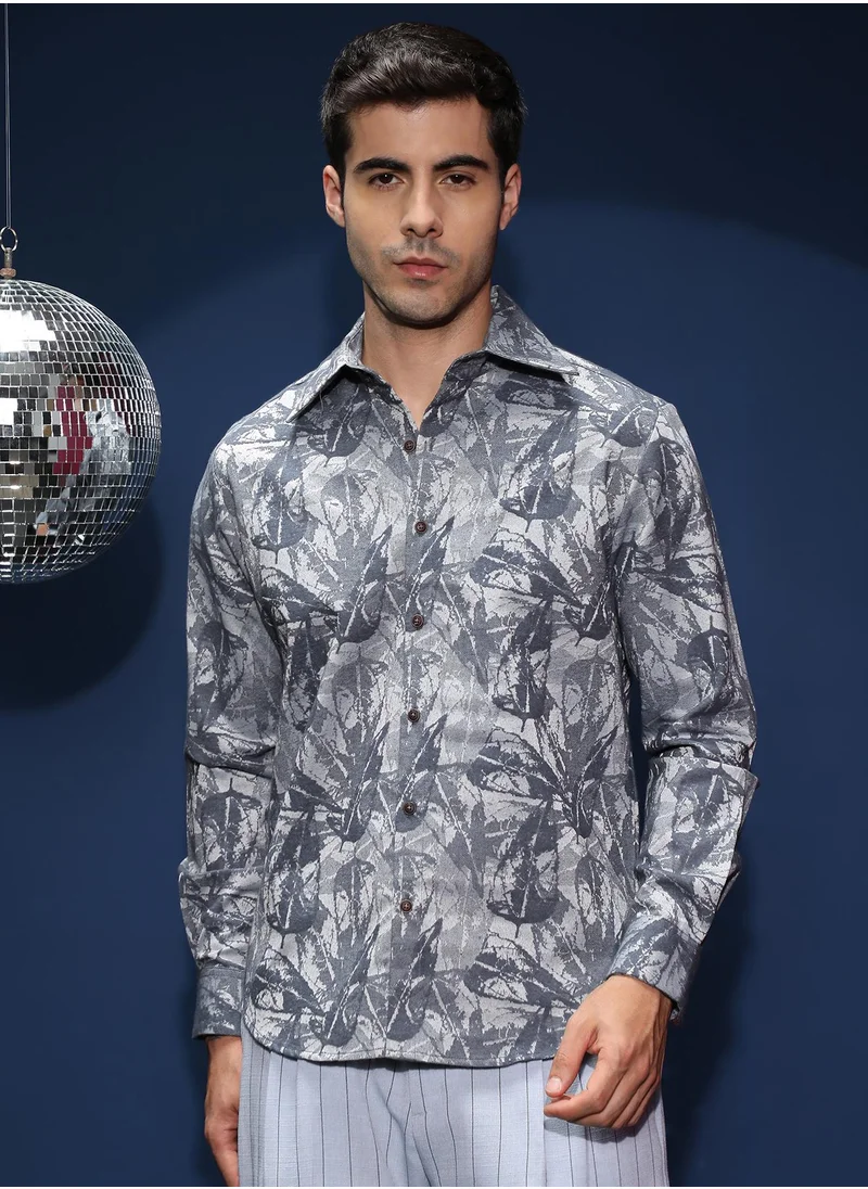 كامبوس سوترا Men's Indigo Blue Willow-Foliage Imprint Shirt For Casual Wear | Spread Collar | Long Cuffed Sleeves | Button Closure | Shirt Shirt Crafted With Comfort Fit For Everyday Wear