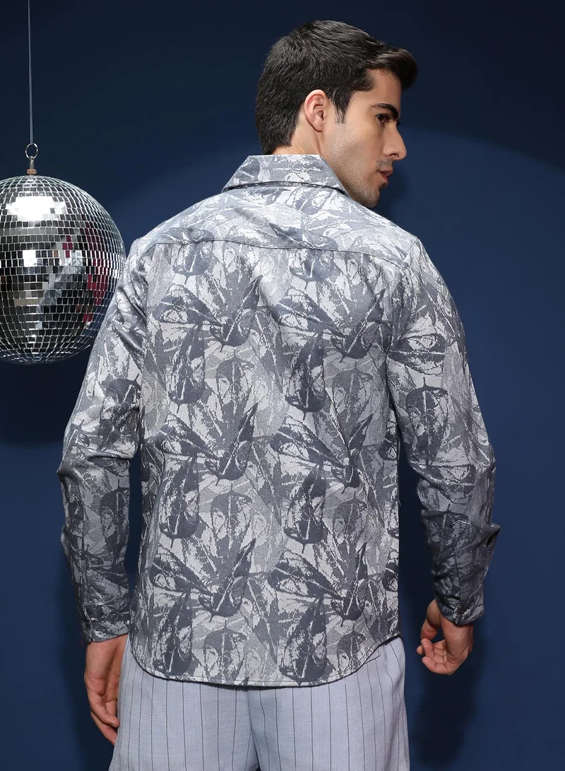 Campus Sutra Men's Indigo Blue Willow-Foliage Imprint Shirt For Casual Wear | Spread Collar | Long Cuffed Sleeves | Button Closure | Shirt Shirt Crafted With Comfort Fit For Everyday Wear