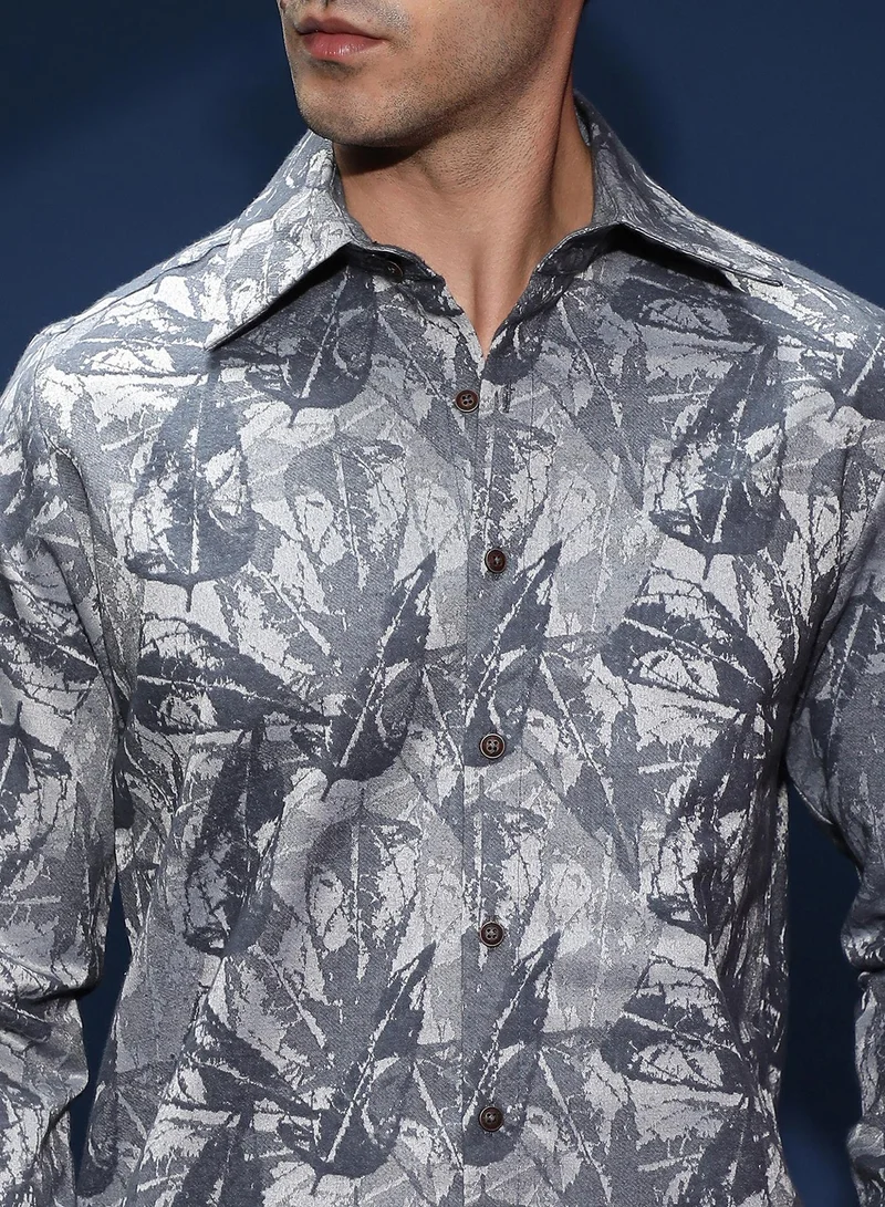 Campus Sutra Men's Indigo Blue Willow-Foliage Imprint Shirt For Casual Wear | Spread Collar | Long Cuffed Sleeves | Button Closure | Shirt Shirt Crafted With Comfort Fit For Everyday Wear