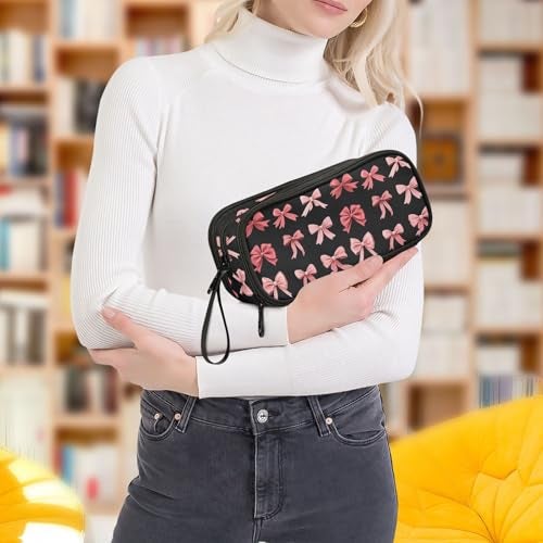 ALAZA Pink Red Bow Black Pencil Case Big Capacity 3 Compartment Pen Bag for Boys Girls Kids Pencil Holder Box Adult Makeup Pouch School Stationery Storage Bag - Image 3