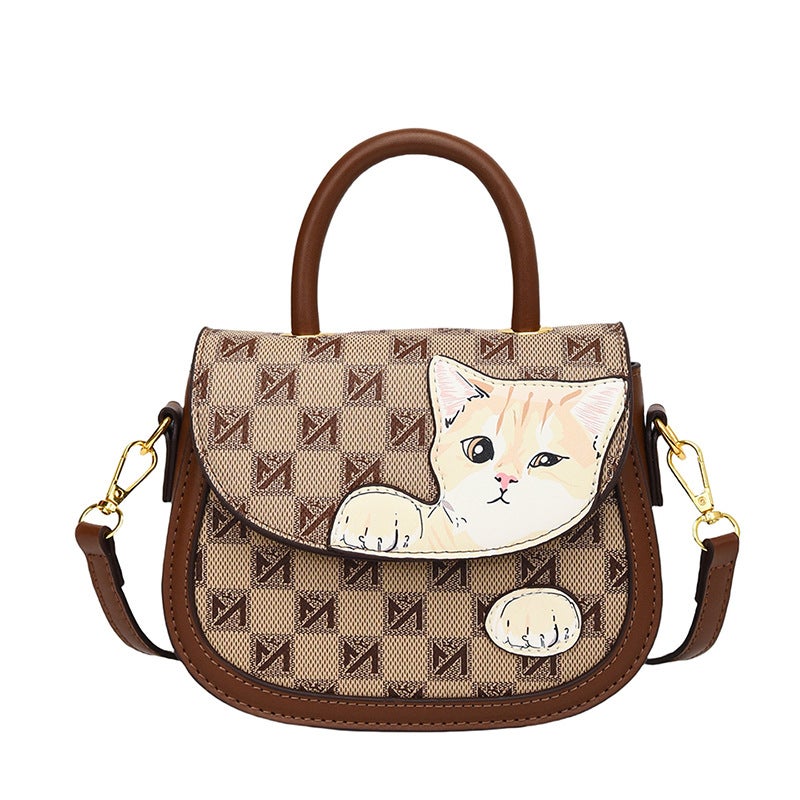 High-End Light Luxury Bag Women'S Style Printed Cartoon Cat Texture Round Bag All-Match Shoulder Handbag