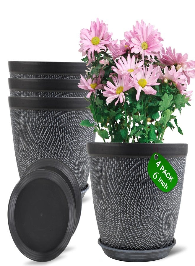 Quarut 4 Pack 6 Inch Flower Pots Planters for Outdoor Indoor, Plastic Plant Pots with Drainage Hole & Tray, Modern Decorative Garden Pot with Saucer, planters for House (Gray) - Image 1