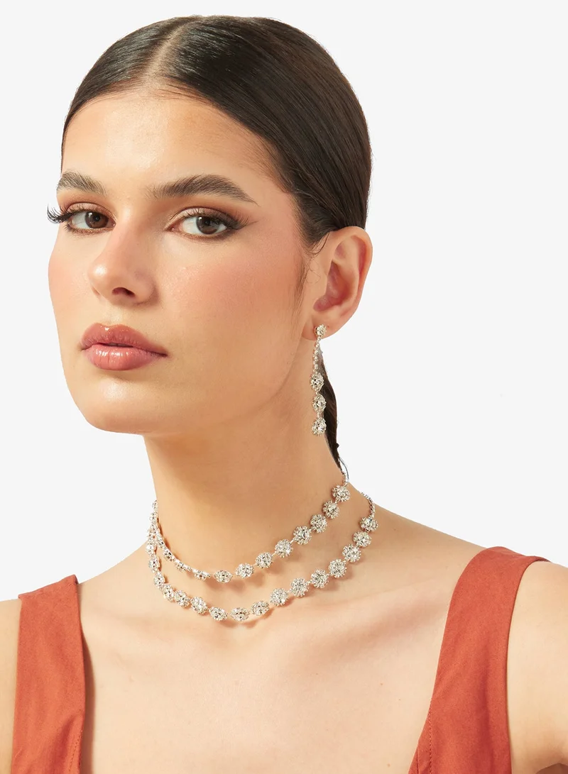 Ella Limited Edition Silver Diamonte Rhinestone Jewelry Set Double Layered Necklace Earrings