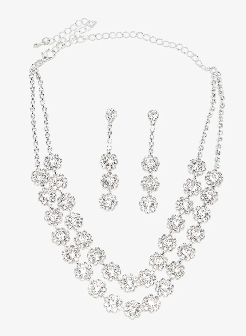 Ella Limited Edition Silver Diamonte Rhinestone Jewelry Set Double Layered Necklace Earrings