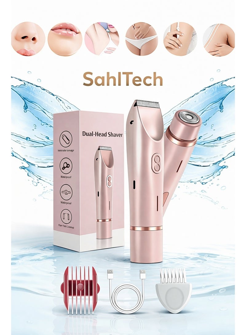 SahlTech 2-in-1 Women’s Bikini & Facial Hair Remover | Dual-Head Electric Trimmer, IPX7 Waterproof Wet & Dry Body Shaver for Legs, Arms & Underarms – Pink - Image 1