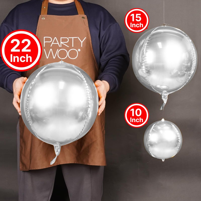 PartyWoo Silver Foil Balloons 20 pcs Different Sizes Pack of 22 15 10 Inch Large Round Silver 4D Mylar Balloons and Ribbon for Birthday Wedding New Year Baby Shower Graduation Party Decorations - Image 2