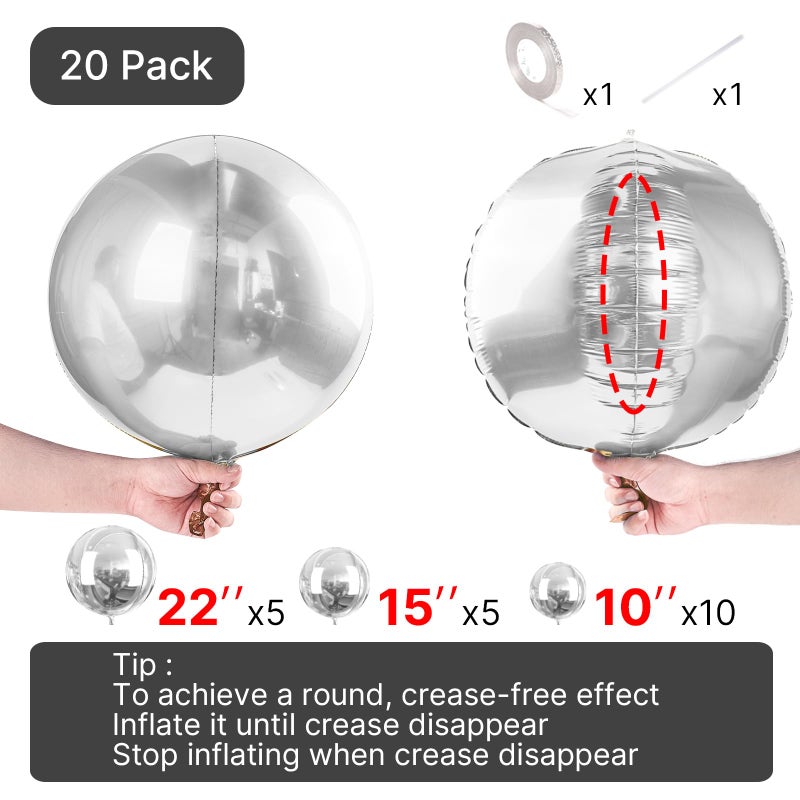 PartyWoo Silver Foil Balloons 20 pcs Different Sizes Pack of 22 15 10 Inch Large Round Silver 4D Mylar Balloons and Ribbon for Birthday Wedding New Year Baby Shower Graduation Party Decorations - Image 4