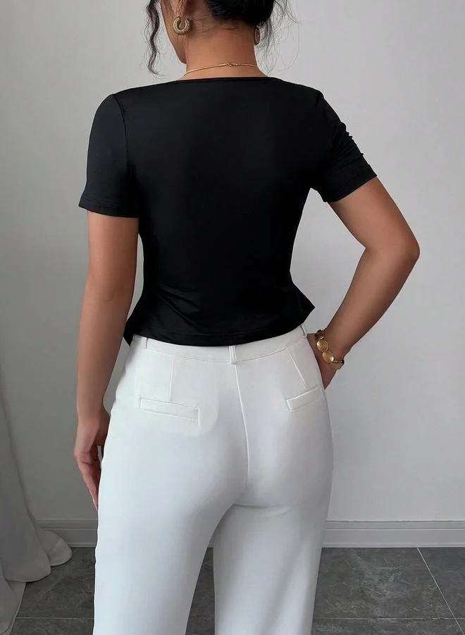 Take Two Take Two Solid Round Neck Short Sleeve Button Front Top