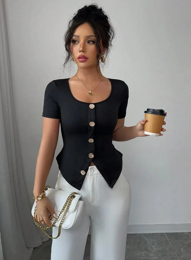 Take Two Take Two Solid Round Neck Short Sleeve Button Front Top