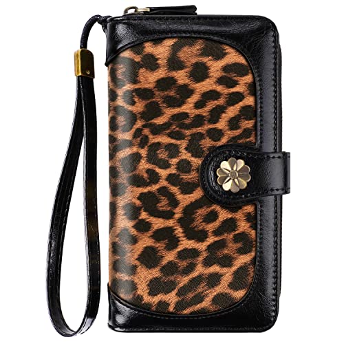 Coco Rossi Women Wallets Multi Card Case Wallet Clutch Wallet Card Holder Organizer Ladies Purse Wrist strap Purse,Black Leopard - Image 1