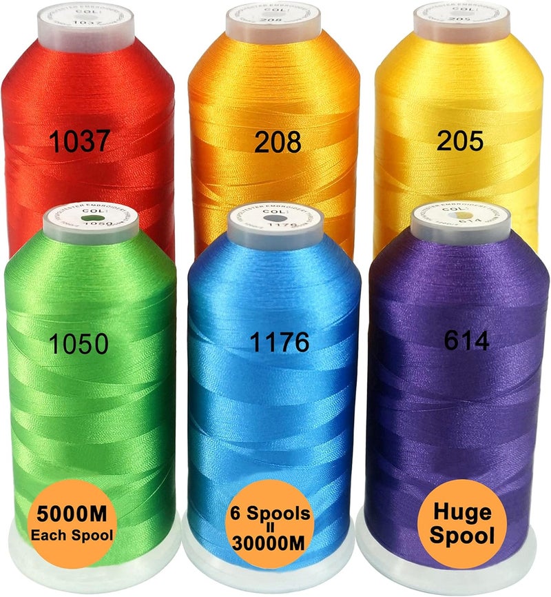 New brothreads - 40 Options- Various Assorted Color Packs of Polyester Embroidery Machine Thread Huge Spool 5000M for All Embroidery Machines -6xRainbow Colors - Image 1