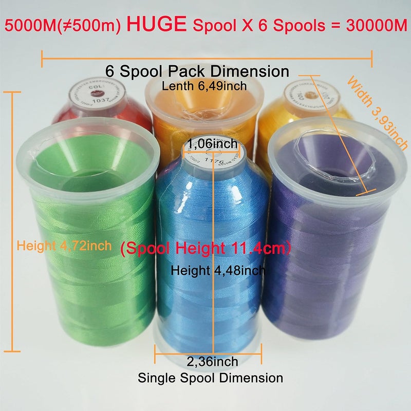 New brothreads - 40 Options- Various Assorted Color Packs of Polyester Embroidery Machine Thread Huge Spool 5000M for All Embroidery Machines -6xRainbow Colors - Image 2