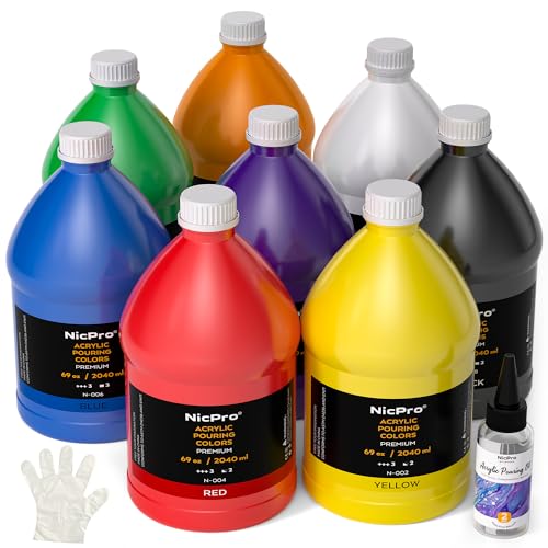 Nicpro 8 Colors Large Bulk Acrylic Pour Paint Set (69oz,2040ml) Premixed High Flow Art Pouring Paint Supplies Kit with Silicone Pour Oil, Gloves for Beginner Cell Creation Flow DIY, Ready to Pour - Image 1