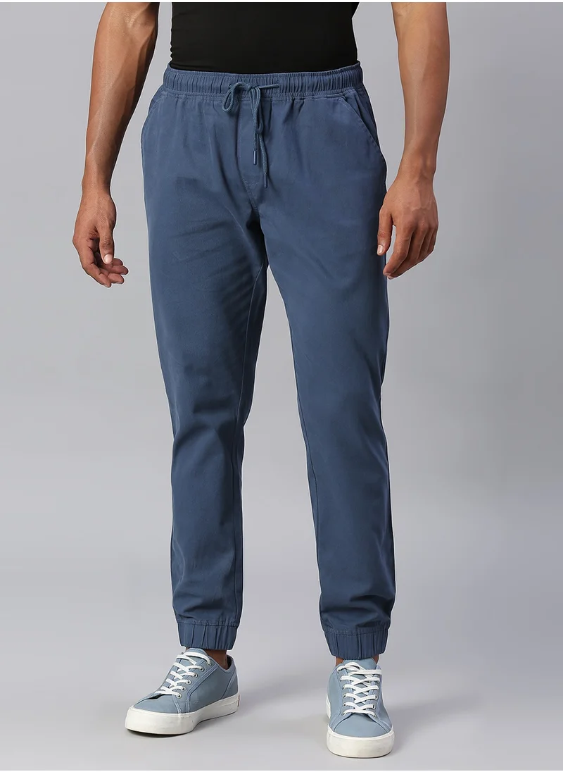 دينيس لينغو Men's Petrol Blue Jogger Trousers - Regular Fit, Solid Pattern, Mid-Rise, Button & Zip Closure