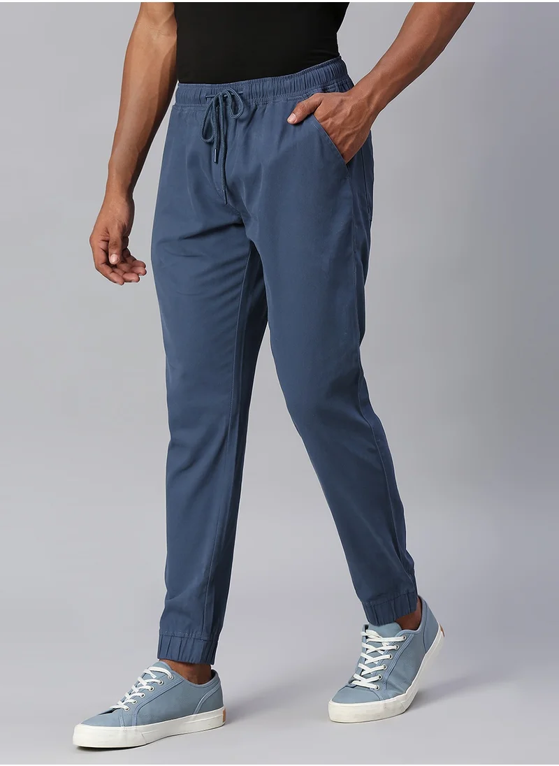 دينيس لينغو Men's Petrol Blue Jogger Trousers - Regular Fit, Solid Pattern, Mid-Rise, Button & Zip Closure