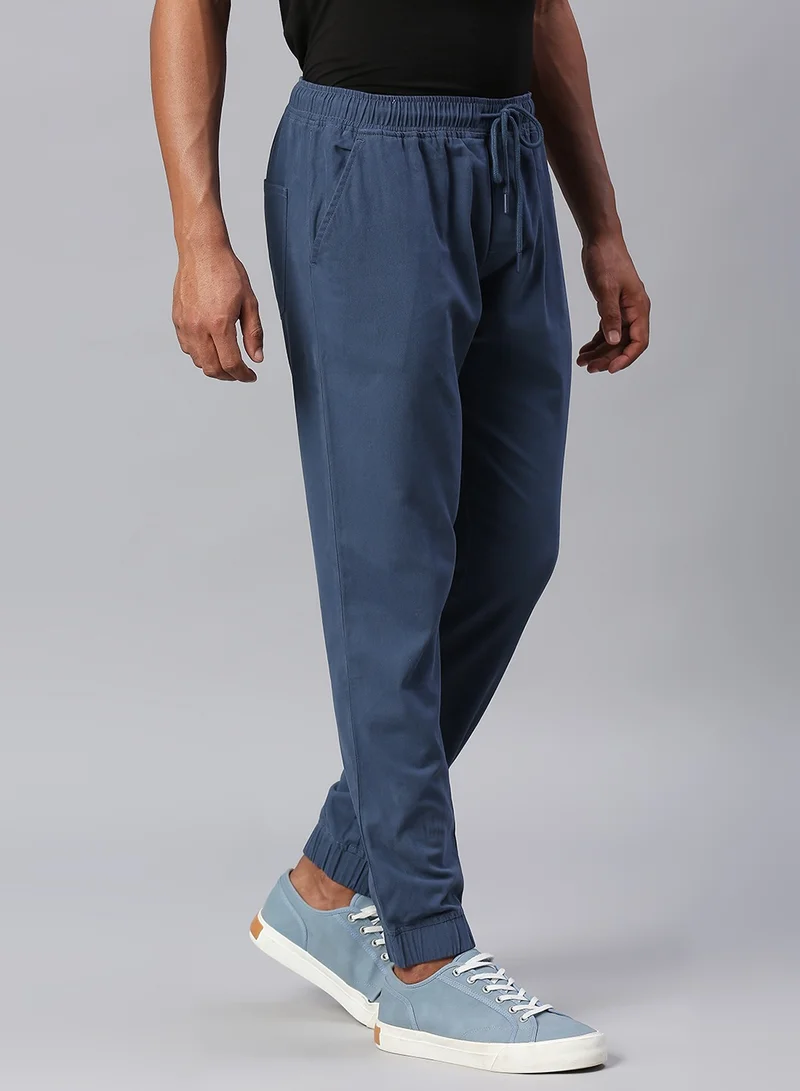 Dennis Lingo Men's Petrol Blue Jogger Trousers - Regular Fit, Solid Pattern, Mid-Rise, Button & Zip Closure