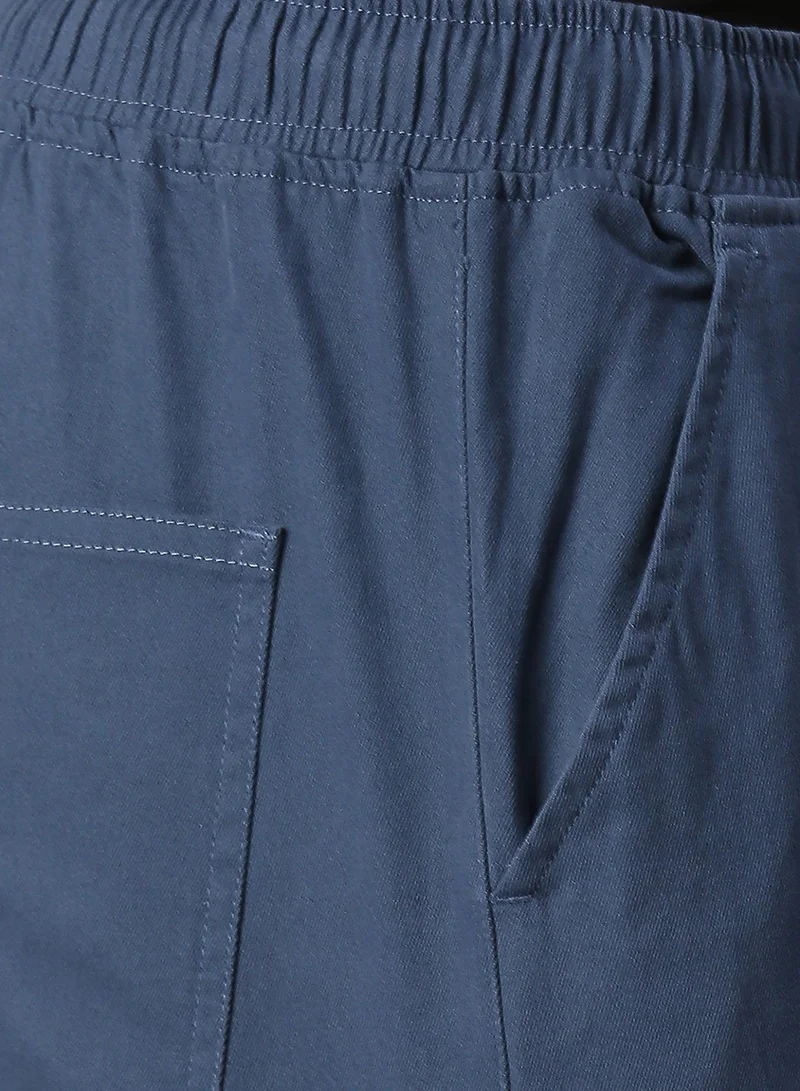 Dennis Lingo Men's Petrol Blue Jogger Trousers - Regular Fit, Solid Pattern, Mid-Rise, Button & Zip Closure