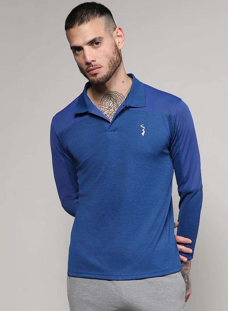 Campus Sutra Campus Sutra Men's Denim Blue Contrast Activewear T-Shirt For Casual Wear | Spread Collar | Long Sleeve | Half-Button Closure | Polyester Jersey T-Shirt Crafted With Comfort Fit For Everyday Wear