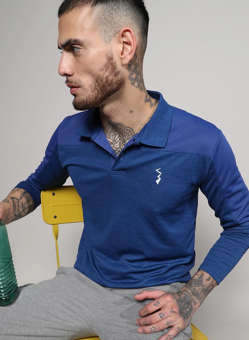 Campus Sutra Campus Sutra Men's Denim Blue Contrast Activewear T-Shirt For Casual Wear | Spread Collar | Long Sleeve | Half-Button Closure | Polyester Jersey T-Shirt Crafted With Comfort Fit For Everyday Wear