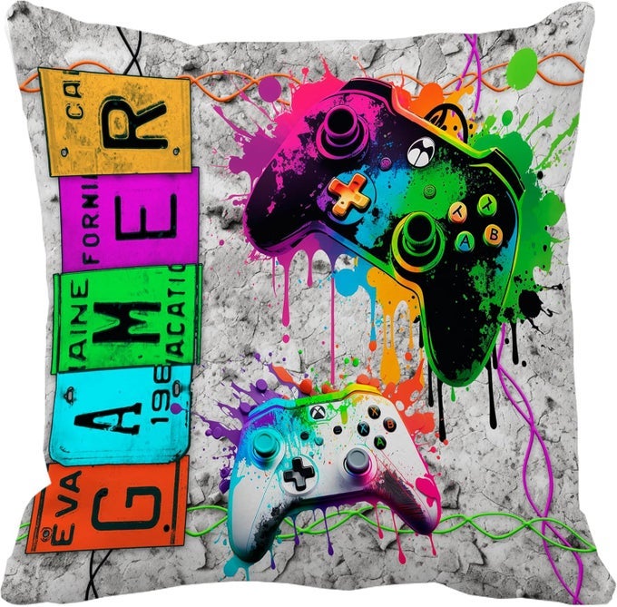 NEON VIDEO GAME CONTROLLER 18X18 INCH THROW PILLOW COVER LUMINOUS GAMING DECORATIVE SOFT SQUARE CUSHION CASE PLAYROOM TEEN BOY SON GAMER PARTY DECOR CHRISTMAS DAY GIFT ACCENT PILLOWCASE SHAM