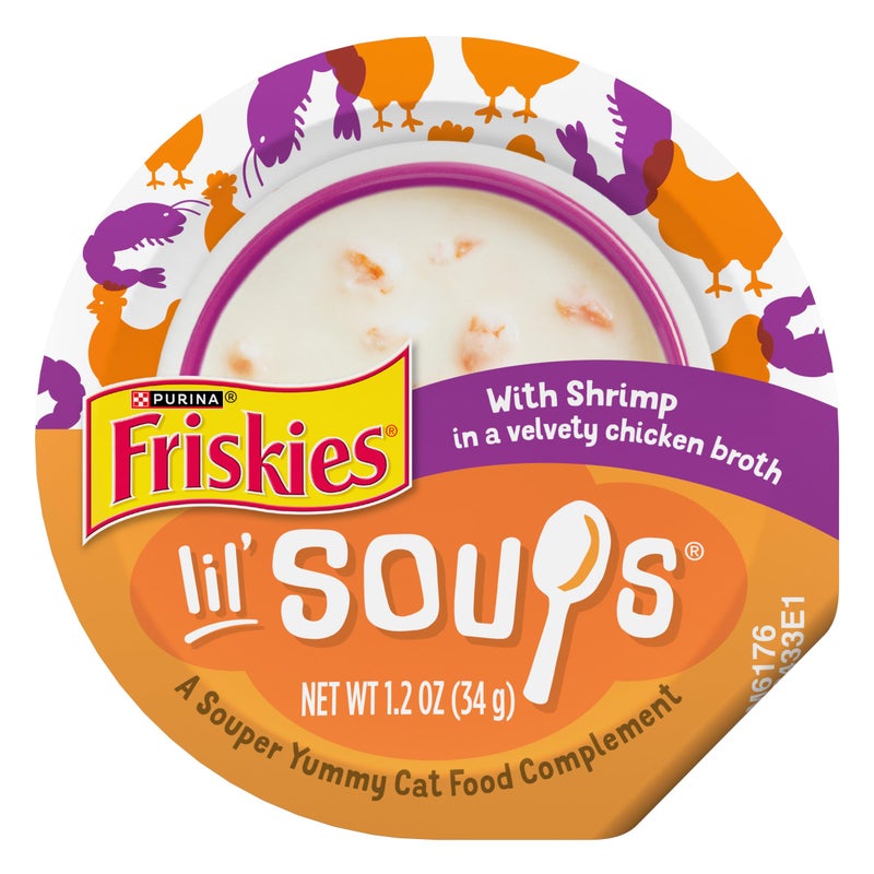 Friskies Purina Friskies Grain Free Lickable Cat Food Toppers Lil’ Soups With Shrimp in a Velvety Chicken Broth - (Pack of 8) 1.2 oz. Cups - Image 1