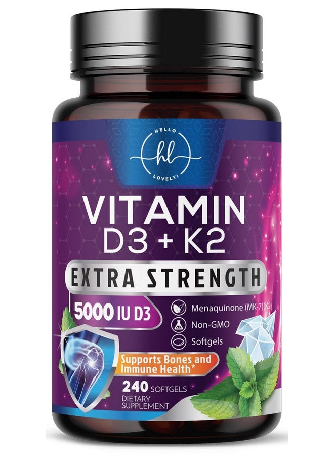 Hello Lovely! Vitamin D3 5000 IU with K2 100 mcg - D3 K2 Supplement, 2 in 1 Vitamins D & K2 Complex Softgels for Calcium Absorption, Bone, Teeth, Heart & Immune Support, Easy to Swallow, Non GMO - 240 Softgels - Image 1