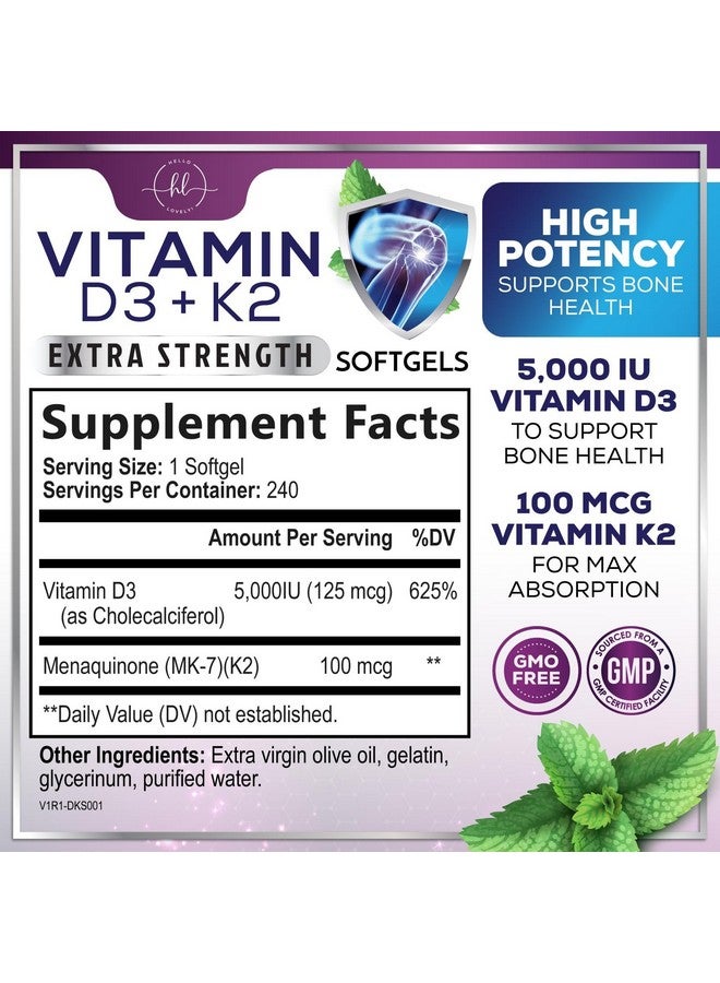 Hello Lovely! Vitamin D3 5000 IU with K2 100 mcg - D3 K2 Supplement, 2 in 1 Vitamins D & K2 Complex Softgels for Calcium Absorption, Bone, Teeth, Heart & Immune Support, Easy to Swallow, Non GMO - 240 Softgels - Image 2
