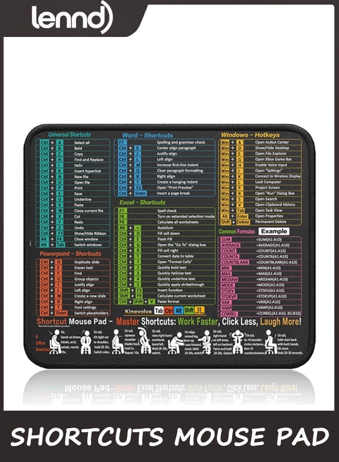LENND Mouse Pad for Excel/Word/PowerPoint/Windows Shortcuts – Small Excel Cheat Sheet Desk Pad – 30CMx25CM Portable Computer Mousepad – Gaming, Office, Waterproof, Non-Slip, Stitched Edges