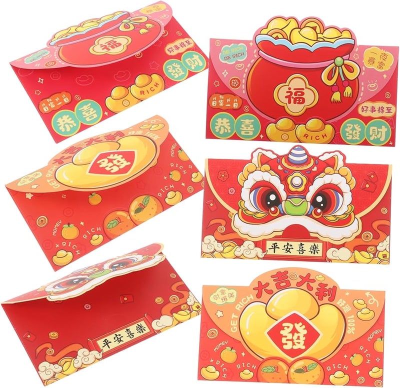 Tehaux 6 قطع ظرف أحمر كرتوني لطيف لمنح الهدايا النقدية في رأس السنة القمرية الصينية - Image 1