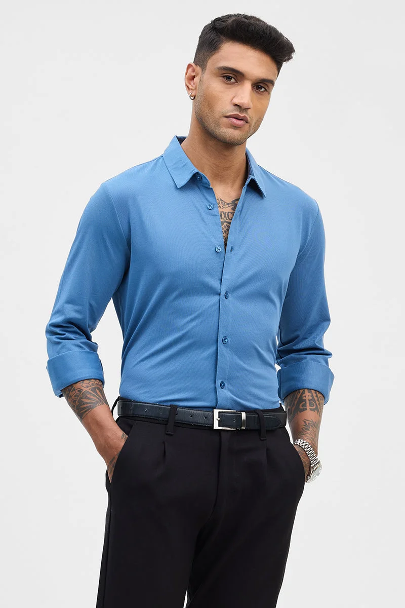 سنيتش Blue Solid Long Sleeve Slim Fit Formal Shirt