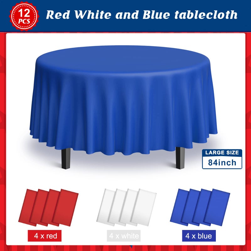 MASHAN 12 Pack 4th of July Plastic Tablecloth, Red White and Blue Patriotic Disposable Tablecloth, Waterproof Round Table Cover for Independence Day Memorial Day Veterans Day Decorations, 84 Inch - Image 3