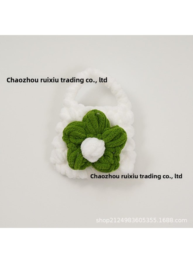 Pink Cute Cyber Red Bear Lion Wake Flower Plush Hand-woven Drop-resistant Headphone Bag Bluetooth Headphone Protective Cover Finished Product-Color:White Green Flower  - Image 1