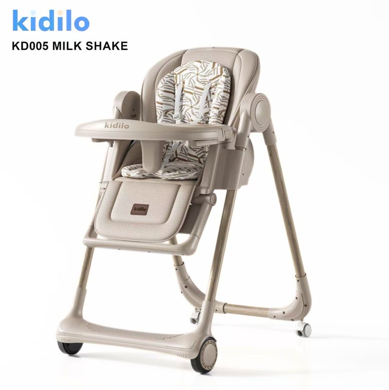 Kidilo KD005 Baby High Chair | Adjustable Reclining Feeding Chair With Removable Tray | 5-Point Safety Harness | Cushioned Seat Pad & Footrest | Smooth Rolling Wheels With Brakes | Easy-Clean Design