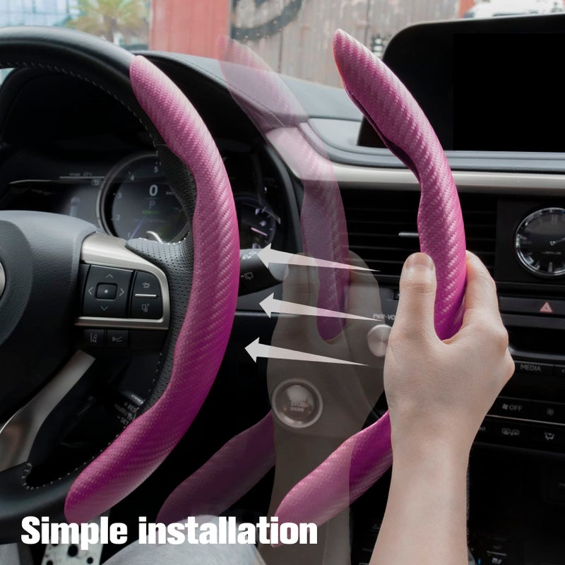Amiss 3pcs Carbon Fiber Anti-Skid Steering Wheel Cover, Waterproof & Segmented Butterfly Design, Universal 99% Vehicle Wheel Cover Protector, Car Interior Accessories (Pink) - Image 4