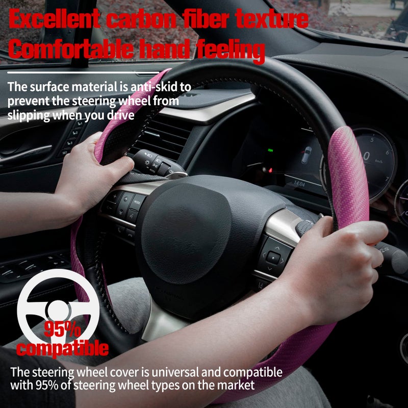 Amiss 3pcs Carbon Fiber Anti-Skid Steering Wheel Cover, Waterproof & Segmented Butterfly Design, Universal 99% Vehicle Wheel Cover Protector, Car Interior Accessories (Pink) - Image 2