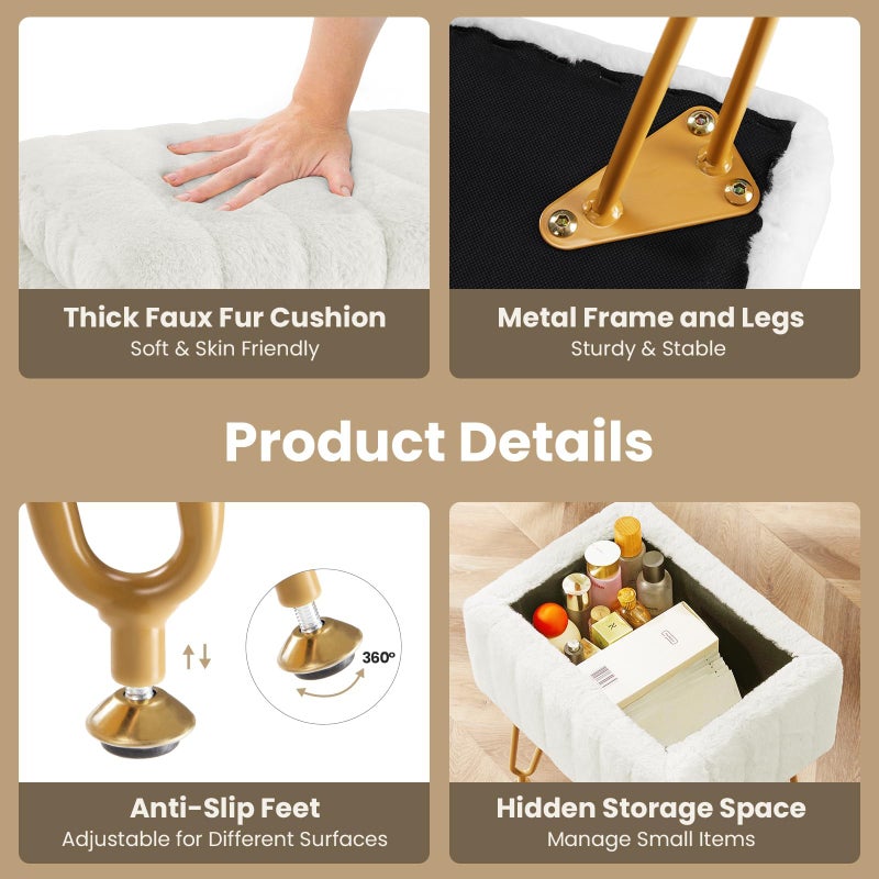 DUMOS Vanity Stool Chair Ottoman with Storage, Makeup Cute Soft Small Footstool Modern Style Faux Fur Seat with 4 Metal Legs & Adjustable Feet for Dressing Living Room Bedroom Dorm - Image 2