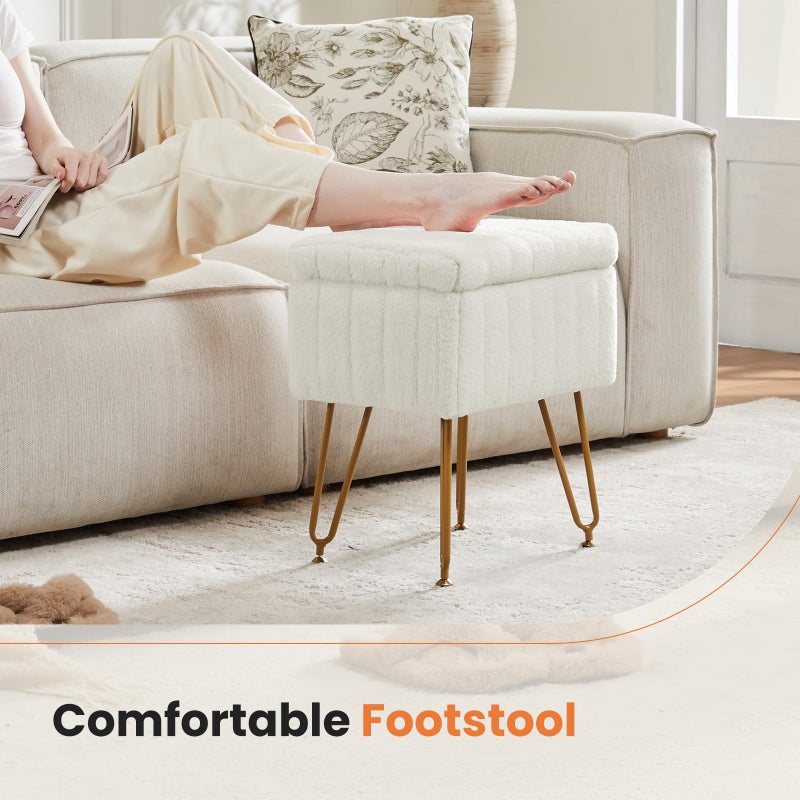 DUMOS Vanity Stool Chair Ottoman with Storage, Makeup Cute Soft Small Footstool Modern Style Faux Fur Seat with 4 Metal Legs & Adjustable Feet for Dressing Living Room Bedroom Dorm - Image 4
