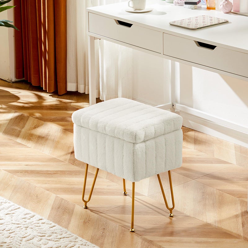 DUMOS Vanity Stool Chair Ottoman with Storage, Makeup Cute Soft Small Footstool Modern Style Faux Fur Seat with 4 Metal Legs & Adjustable Feet for Dressing Living Room Bedroom Dorm - Image 5