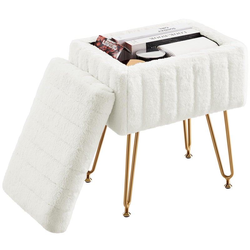 DUMOS Vanity Stool Chair Ottoman with Storage, Makeup Cute Soft Small Footstool Modern Style Faux Fur Seat with 4 Metal Legs & Adjustable Feet for Dressing Living Room Bedroom Dorm - Image 1