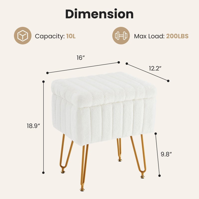 DUMOS Vanity Stool Chair Ottoman with Storage, Makeup Cute Soft Small Footstool Modern Style Faux Fur Seat with 4 Metal Legs & Adjustable Feet for Dressing Living Room Bedroom Dorm - Image 3