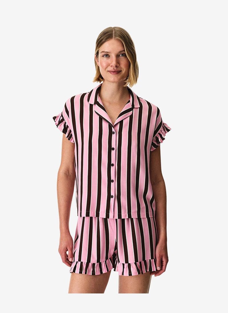 Penti Women Lily Striped Short Sleeve Shirt Shorts Brown Set - Image 1