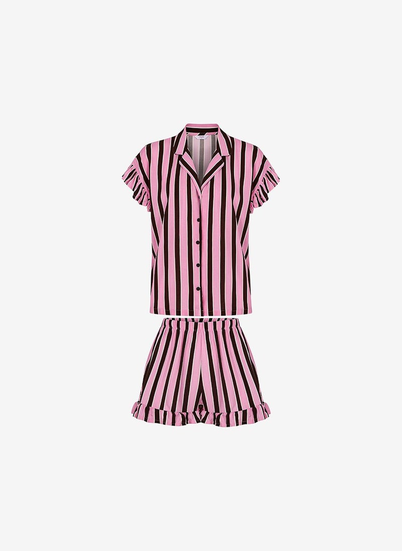 Penti Women Lily Striped Short Sleeve Shirt Shorts Brown Set - Image 5