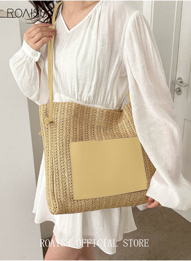 roaiss - Women Woven Tote Bag Large Capacity Shoulder Crossbody Bag Retro Style Woven Craft Beach Bag - Image 1