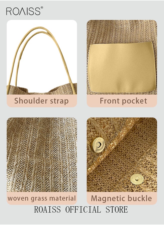 roaiss - Women Woven Tote Bag Large Capacity Shoulder Crossbody Bag Retro Style Woven Craft Beach Bag - Image 1