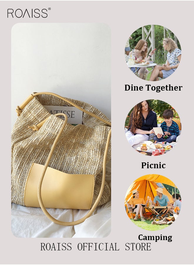 roaiss - Women Woven Tote Bag Large Capacity Shoulder Crossbody Bag Retro Style Woven Craft Beach Bag - Image 1