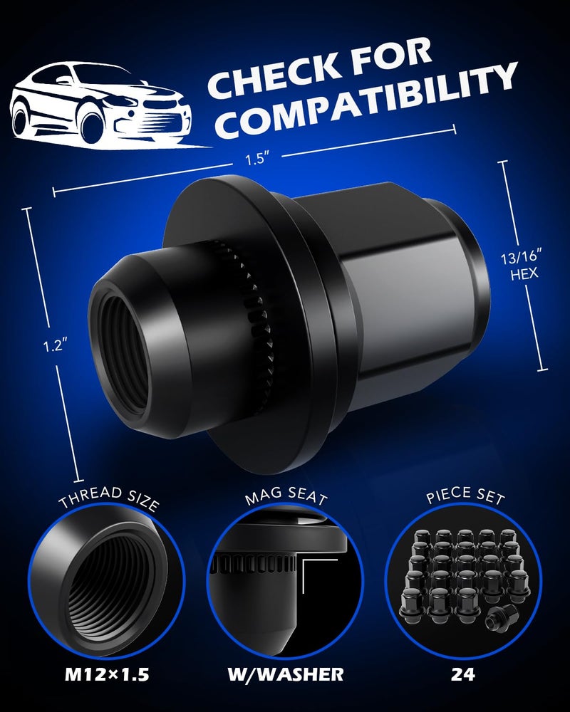 Orion Motor Tech صواميل العجلات أورايون موتور تك M12x1.5 مع مقعد مغناطيسي، 13/16" 21mm سداسي 1.46x1.18 بوصة. صواميل عجلات سوداء متوافقة مع تويوتا كامري RAV4 هايلاندر كورولا تاكوما 4Runner بريوس سيينا، مجموعة من 24 - Image 2