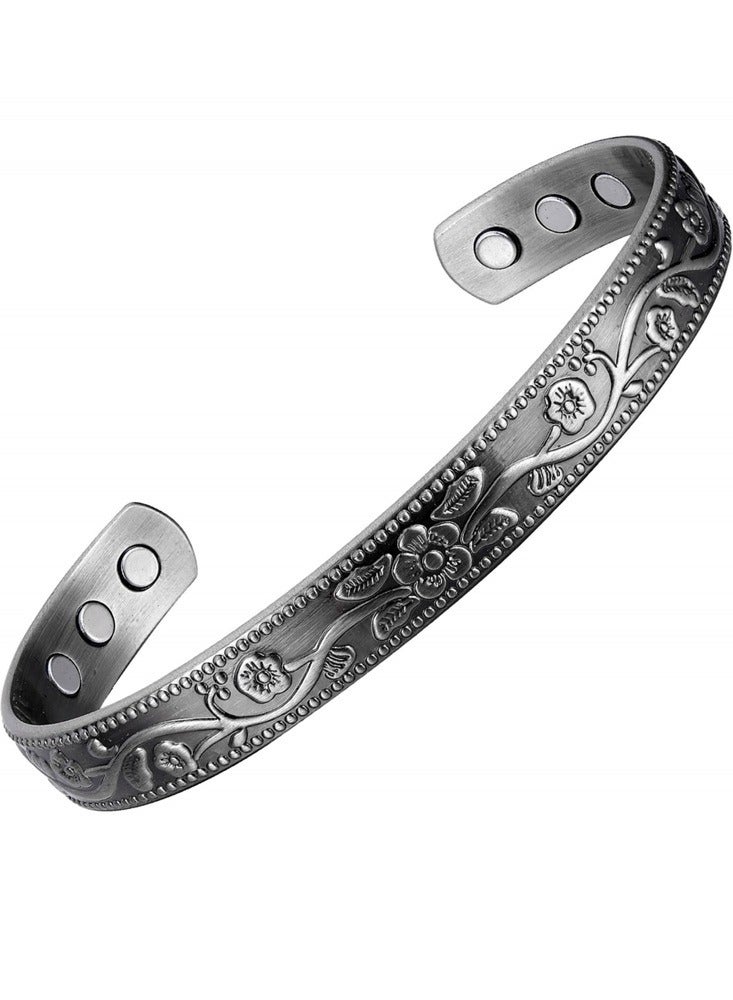 Vintage Floral Carved Magnetic Copper Bangle | Adjustable Antique Silver Plated Bracelet  - Image 1