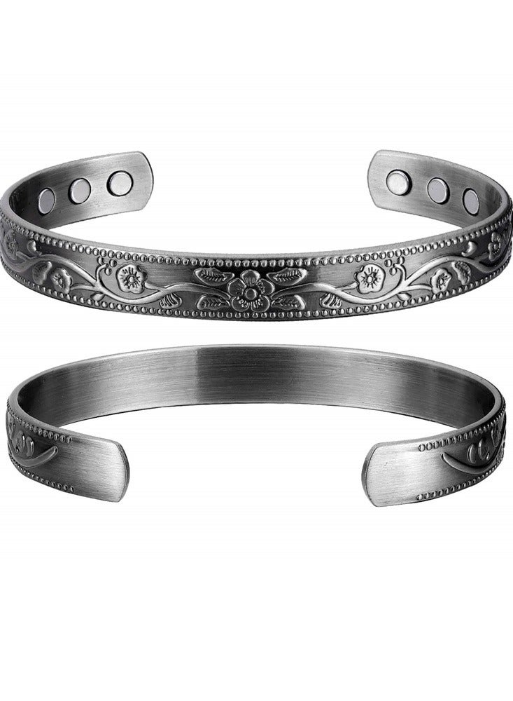 Vintage Floral Carved Magnetic Copper Bangle | Adjustable Antique Silver Plated Bracelet  - Image 2