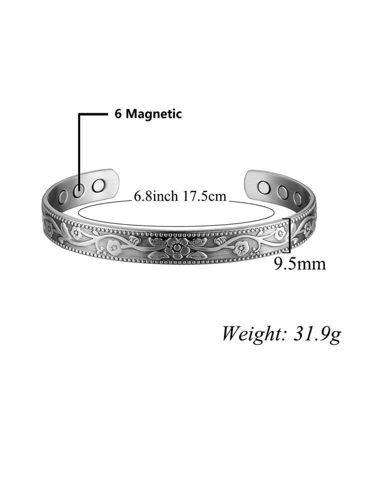 Vintage Floral Carved Magnetic Copper Bangle | Adjustable Antique Silver Plated Bracelet  - Image 3